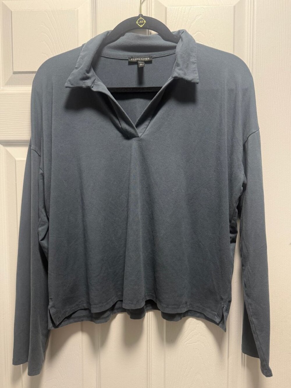 Eileen Fisher Blue Gray Boxy Collared V-Neck Pullover Top Women’s S